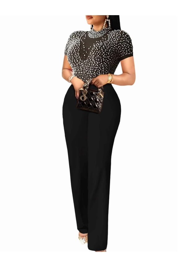 Women'S Mesh See Through Jumpsuit with Long Sleeves and Glitter Accents Black XXXL
