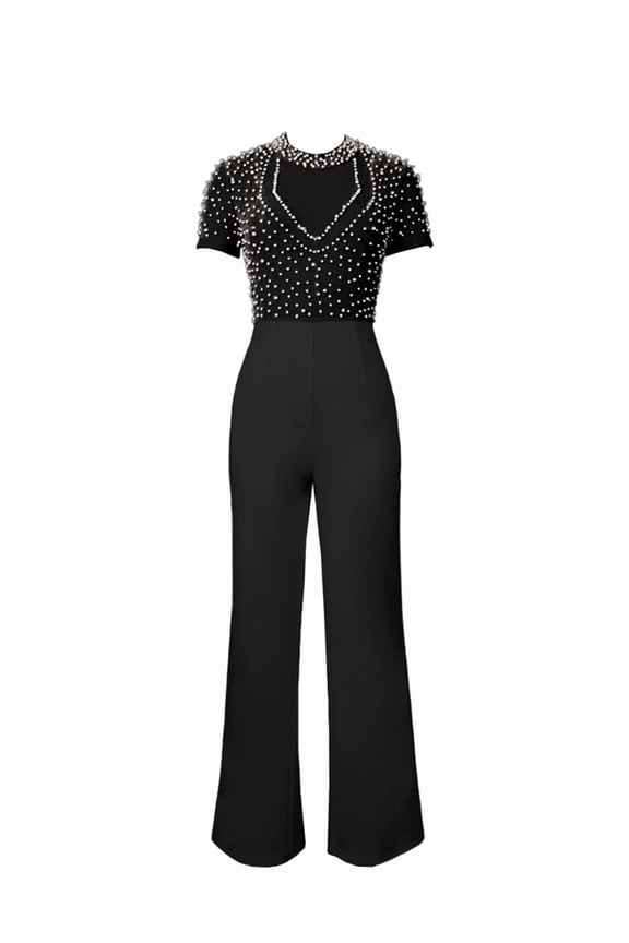 Women'S Mesh See Through Jumpsuit with Long Sleeves and Glitter Accents Black XXXL