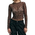 thumbnail image 1 of Women'S Mesh See Through T Shirt Fashion Money Print Long Sleeve Crop Top Slim Tee Tops Black Leopard L, 1 of 9