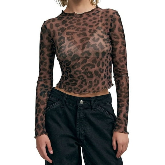Women'S Mesh See Through T Shirt Fashion Money Print Long Sleeve Crop Top Slim Tee Tops Black Leopard M