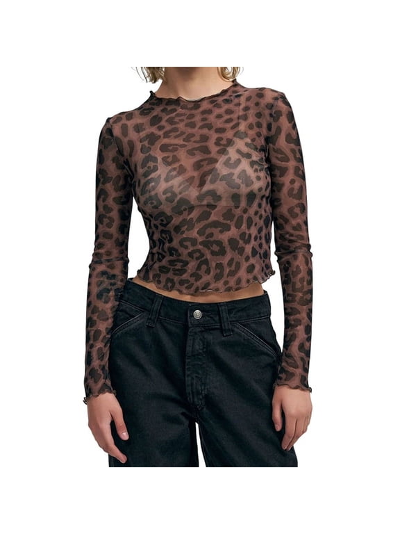 Women'S Mesh See Through T Shirt Fashion Money Print Long Sleeve Crop Top Slim Tee Tops Black Leopard Pattern L