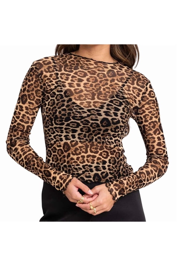 Women'S Mesh See Through T Shirt Fashion Money Print Long Sleeve Crop Top Slim Tee Tops Yellow Leopard Pattern XL