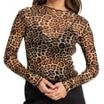 thumbnail image 1 of Women'S Mesh See Through T Shirt Fashion Money Print Long Sleeve Crop Top Slim Tee Tops Yellow Leopard S, 1 of 8