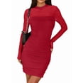thumbnail image 1 of Women'S Mesh Sheer Long Sleeve Ruched Mini Dress Bodycon Mock Neck Cocktail Party Club Dresses Red XL, 1 of 9