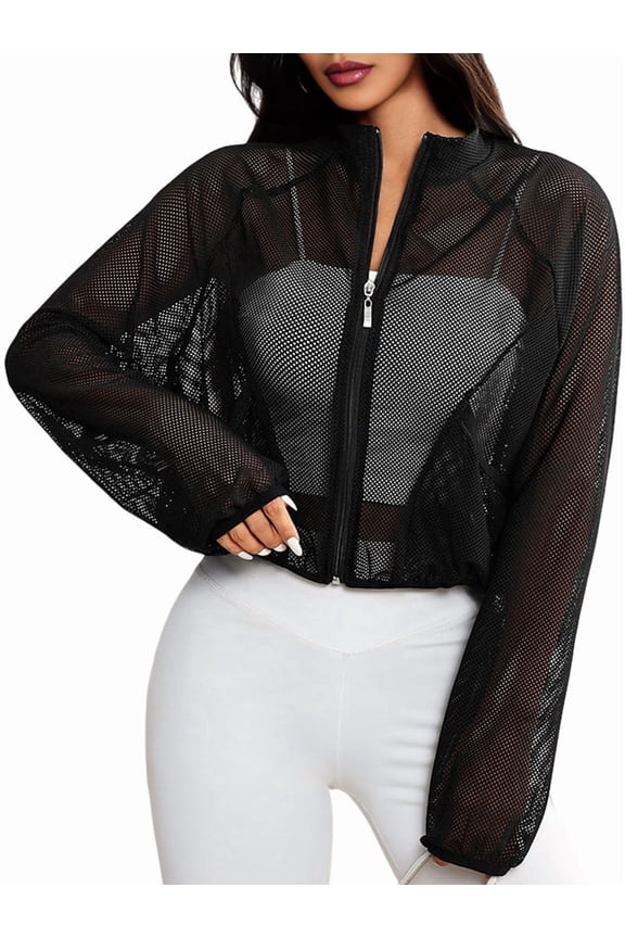 Women'S Mesh Sheer Zip Up Jacket Mock Neck Light-Weight Athletic Outerwear with Pockets Black S