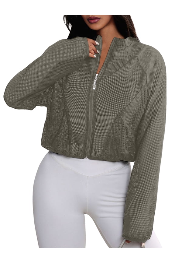 Women'S Mesh Sheer Zip Up Jacket Mock Neck Light-Weight Athletic Outerwear with Pockets Gray S