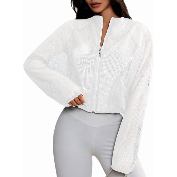 Women'S Mesh Sheer Zip Up Jacket Mock Neck Light-Weight Athletic Outerwear with Pockets White S