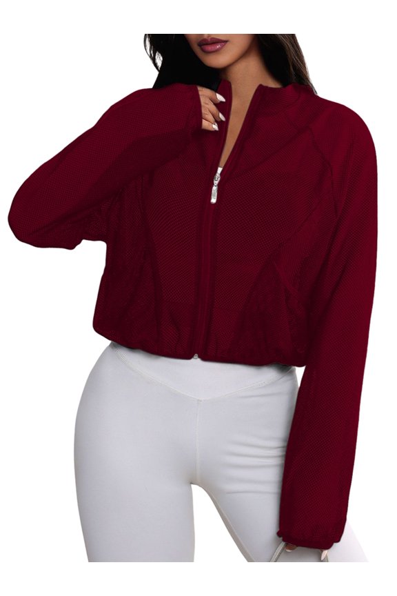 Women'S Mesh Sheer Zip Up Jacket Mock Neck Light-Weight Athletic Outerwear with Pockets Wine Red XL
