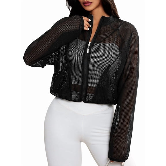 Women'S Mesh Sheer Zip Up Jacket Mock Neck Light-Weight Athletic Outerwear with Pockets