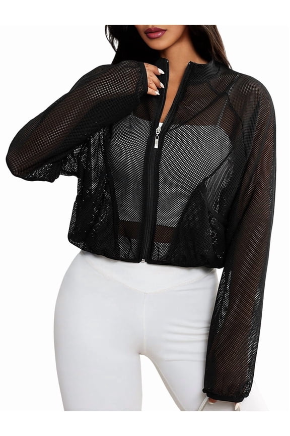 Women'S Mesh Sheer Zip Up Jacket Mock Neck Light-Weight Athletic Outerwear with Pockets