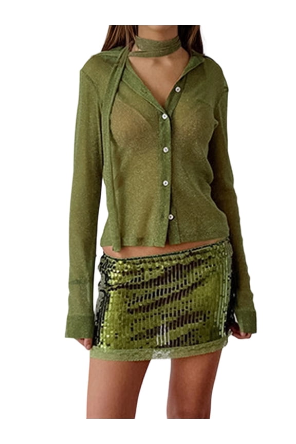 Women'S Mesh Shirt Sheer Button Up Blouse See Through Long Sleeve Crop Top Green L