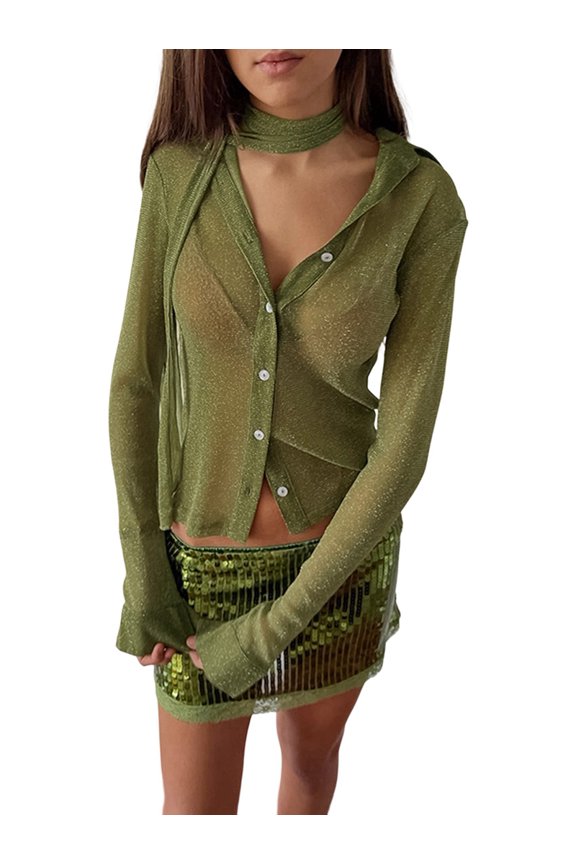 Women'S Mesh Shirt Sheer Button Up Blouse See Through Long Sleeve Crop Top Green L