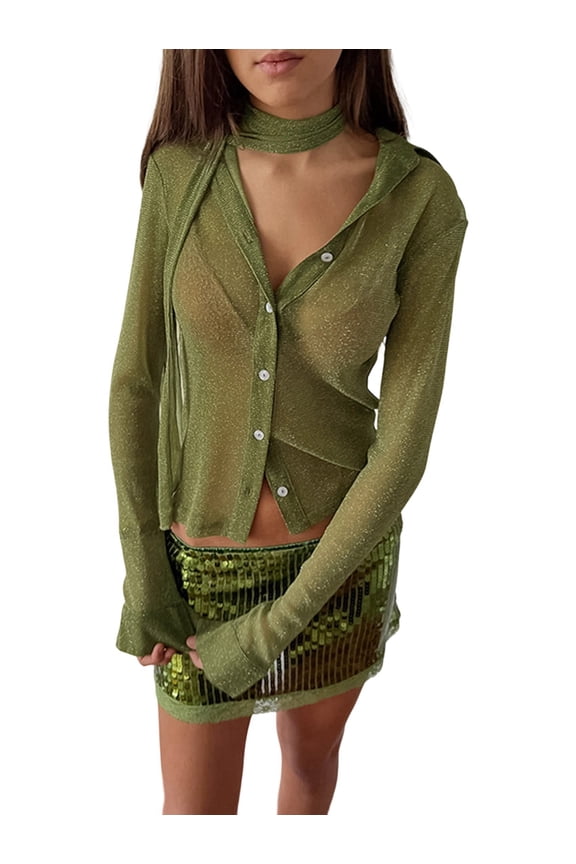 Women'S Mesh Shirt Sheer Button Up Blouse See Through Long Sleeve Crop Top Green S