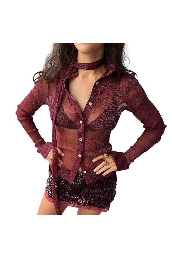 Women'S Mesh Shirt Sheer Button Up Blouse See Through Long Sleeve Crop Top Wine Red L