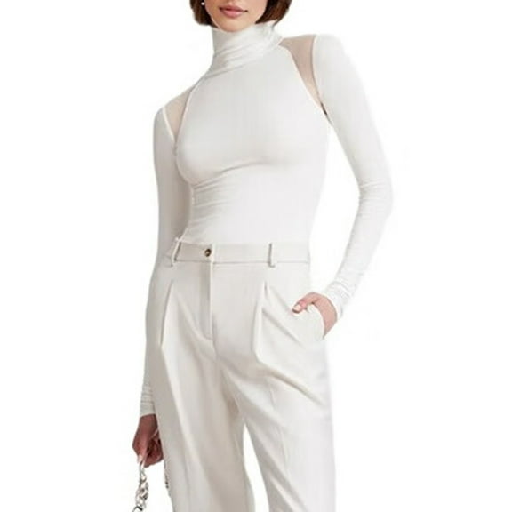 Women'S Mesh Splicing Long Sleeve Tops See-Through Bodysuit Party Club Nightclub Bodysuit White L