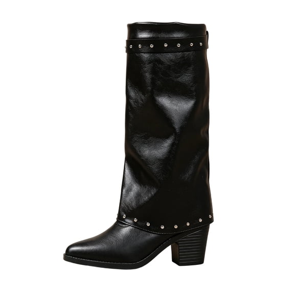 Blocking Service Women'S Metal Bead Knee High Boots Pointed Toe Block Heel Western Style ...