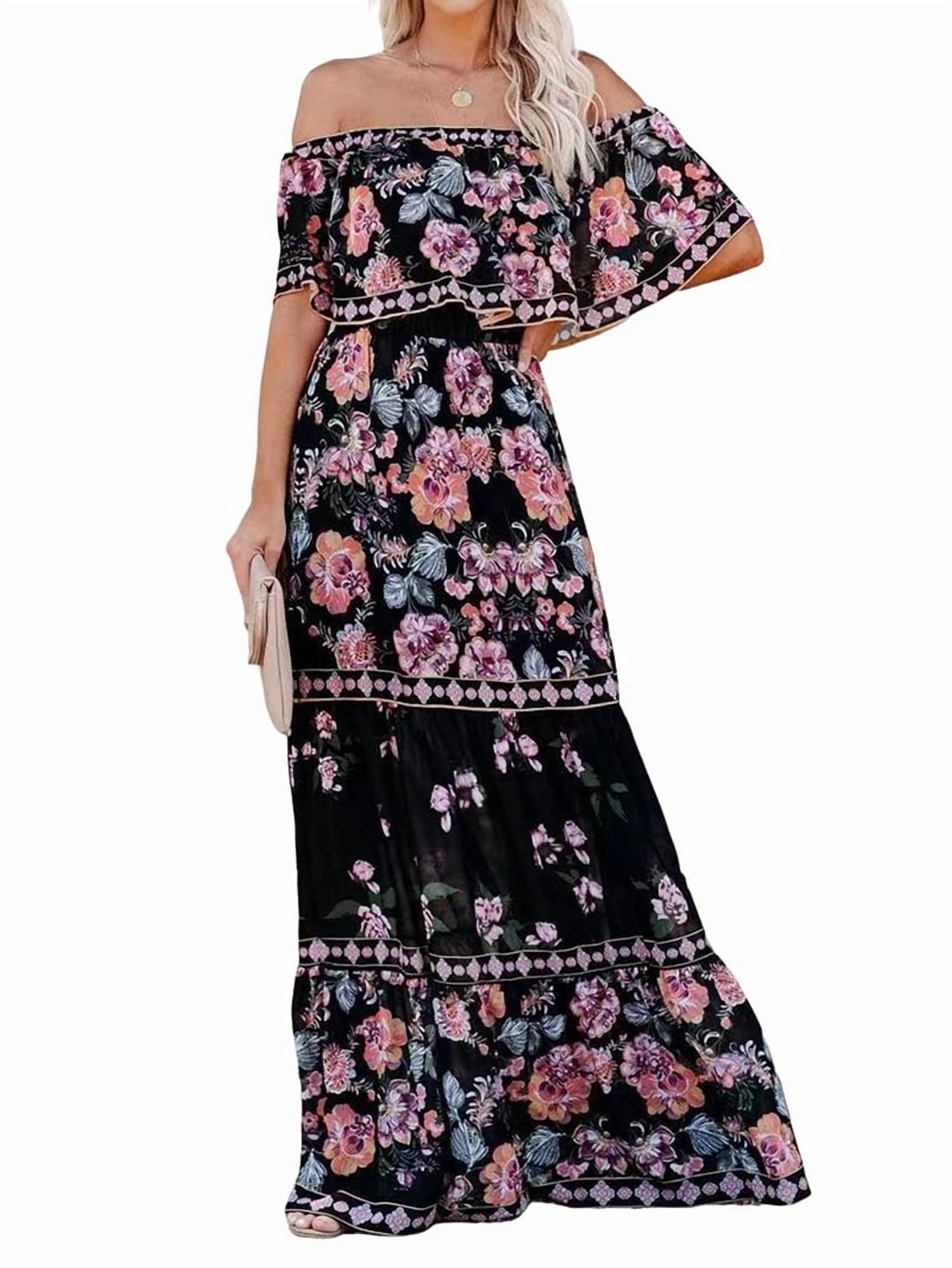 Women'S Mexican Dress Summer Floral Print Off the Shoulder Sleeveless Beach Long Maxi Dress Black L