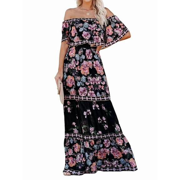 Women'S Mexican Dress Summer Floral Print Off the Shoulder Sleeveless Beach Long Maxi Dress Black L
