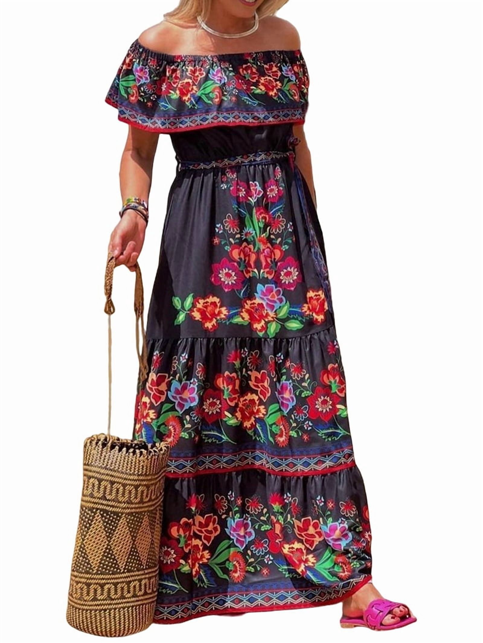 Women'S Mexican Dress Summer Floral Print Off the Shoulder Sleeveless Beach Long Maxi Dress Black & Red L