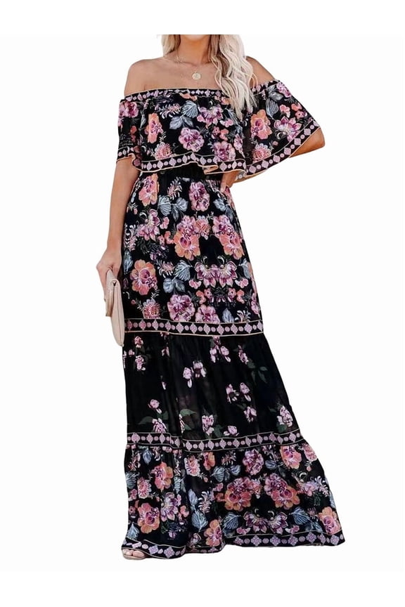 Women'S Mexican Dress Summer Floral Print Off the Shoulder Sleeveless Beach Long Maxi Dress Black XL