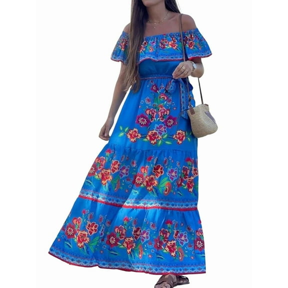 Women'S Mexican Dress Summer Floral Print Off the Shoulder Sleeveless Beach Long Maxi Dress Blue XL