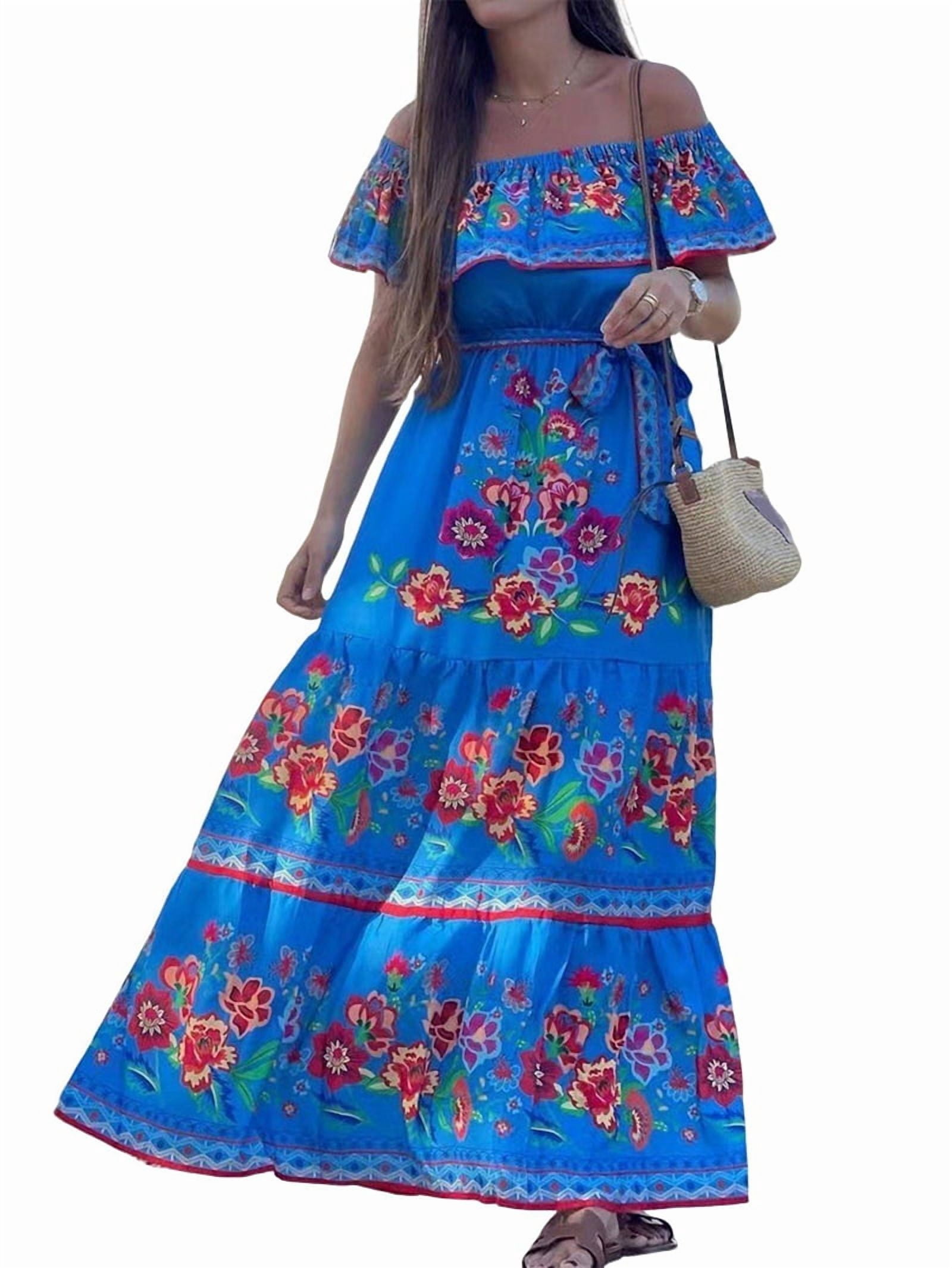 Women'S Mexican Dress Summer Floral Print Off the Shoulder Sleeveless Beach Long Maxi Dress Blue XXL