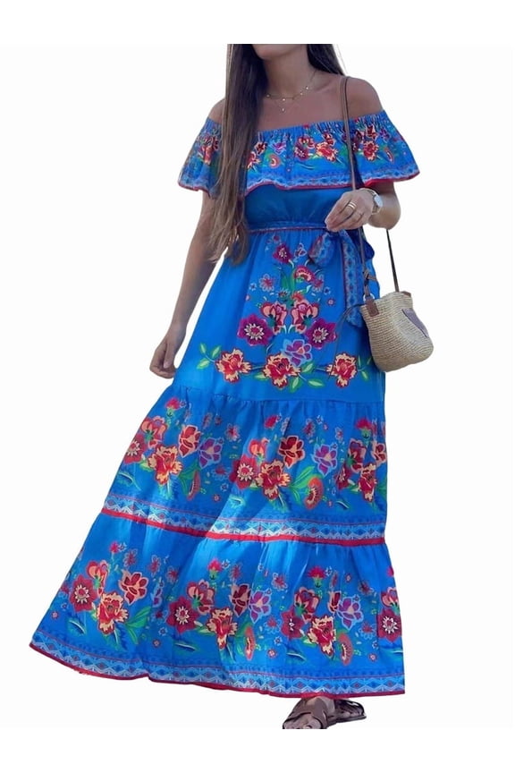 Women'S Mexican Dress Summer Floral Print Off the Shoulder Sleeveless Beach Long Maxi Dress Blue XXL