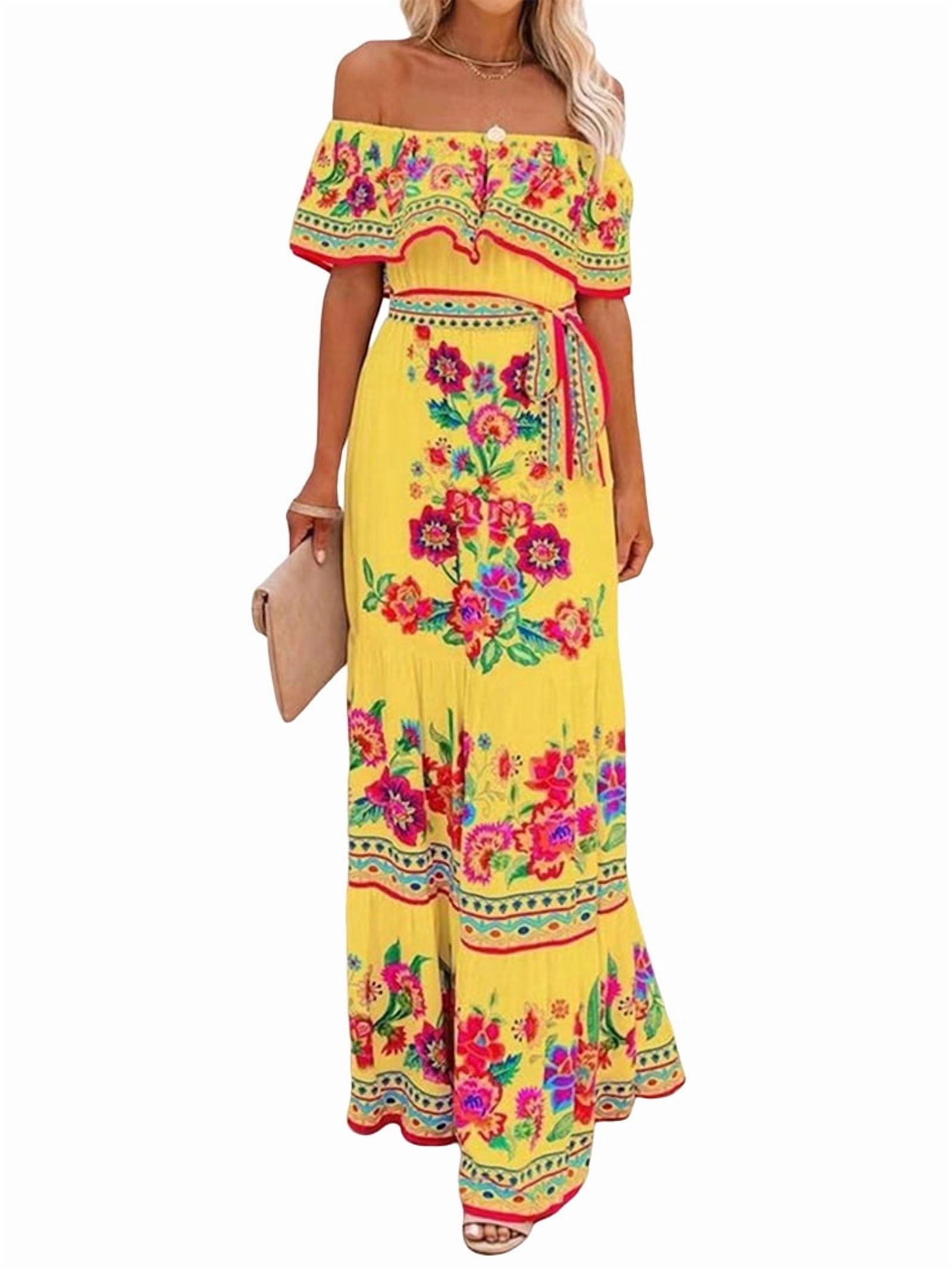 Women'S Mexican Dress Summer Floral Print Off the Shoulder Sleeveless Beach Long Maxi Dress Gold XXL