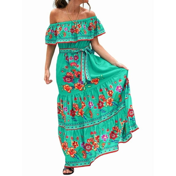 Women'S Mexican Dress Summer Floral Print Off the Shoulder Sleeveless Beach Long Maxi Dress Green M