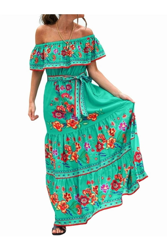 Women'S Mexican Dress Summer Floral Print Off the Shoulder Sleeveless Beach Long Maxi Dress Green M