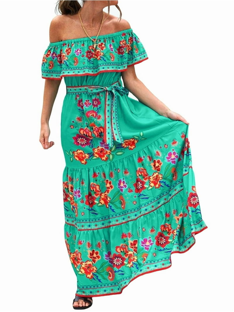 Women'S Mexican Dress Summer Floral Print Off the Shoulder