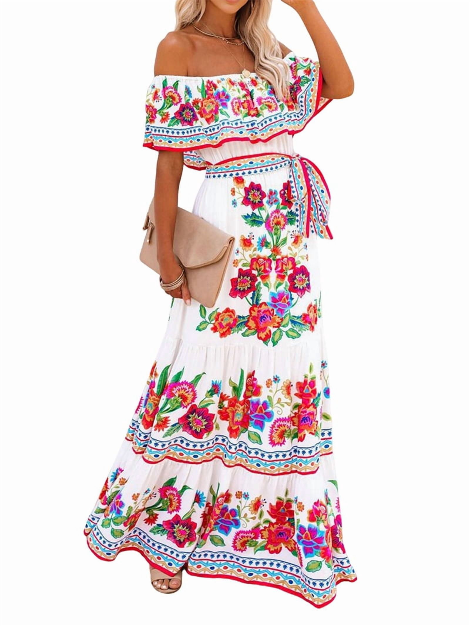 Women's Mexican Maxi Dress Off the Shoulder Sleeveless, Floral Print Long Beach Dress for Summer, Bohemian Vacation White & Red L