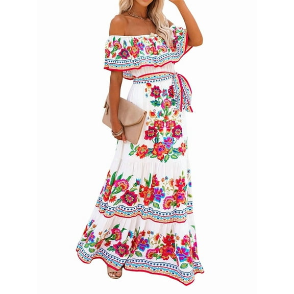 Women'S Mexican Dress Summer Floral Print Off the Shoulder Sleeveless Beach Long Maxi Dress White & Red S