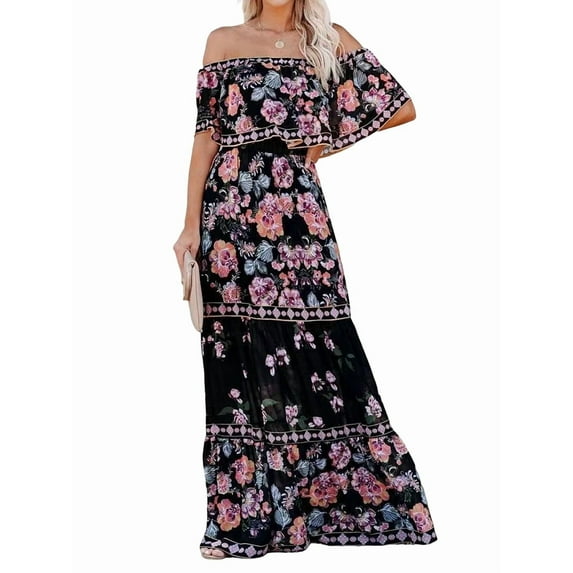 Women'S Mexican Dress Summer Floral Print Off the Shoulder Sleeveless Beach Long Maxi Dress