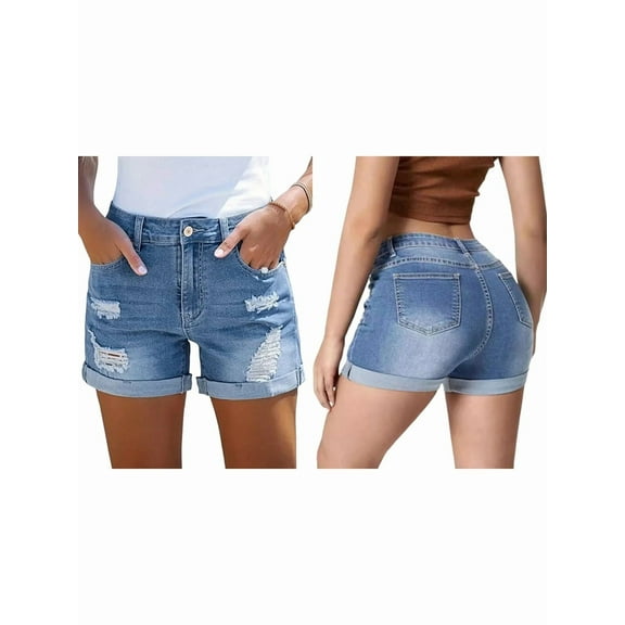 Women'S Mid-High Rise Ripped Distressed Jean Shorts with Pockets Folded Hem Casual Summer Jorts Light Blue S