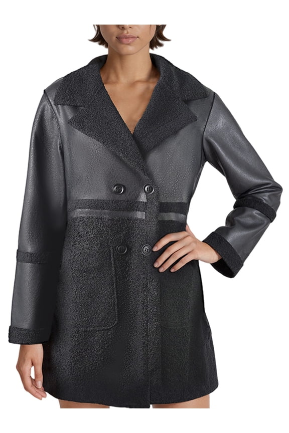 Women'S Mid-Length Leather Jacket, Shearling Reversible Coat with Plush Fleece Lining, Vintage Black L