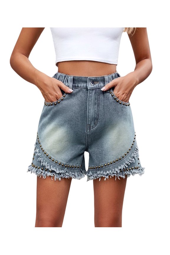 Women'S Mid Rise Denim Shorts Rivet Studded Ripped Frayed Raw Hem Hot Short Jeans Blue M