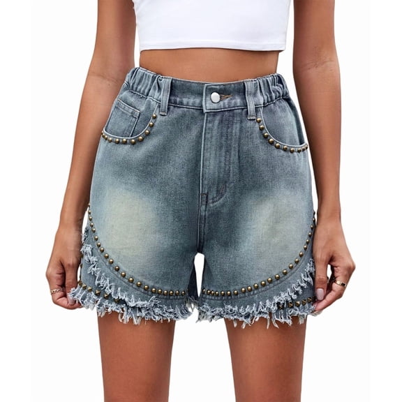 Women'S Mid Rise Denim Shorts Rivet Studded Ripped Frayed Raw Hem Hot Short Jeans Blue XXL