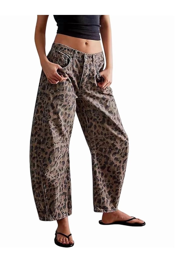 Women'S Mid Rise Jeans Vintage Loose Wide Leg Cropped Denim Pants Y2k Baggy Boyfriend Jeans Brown Leopard S