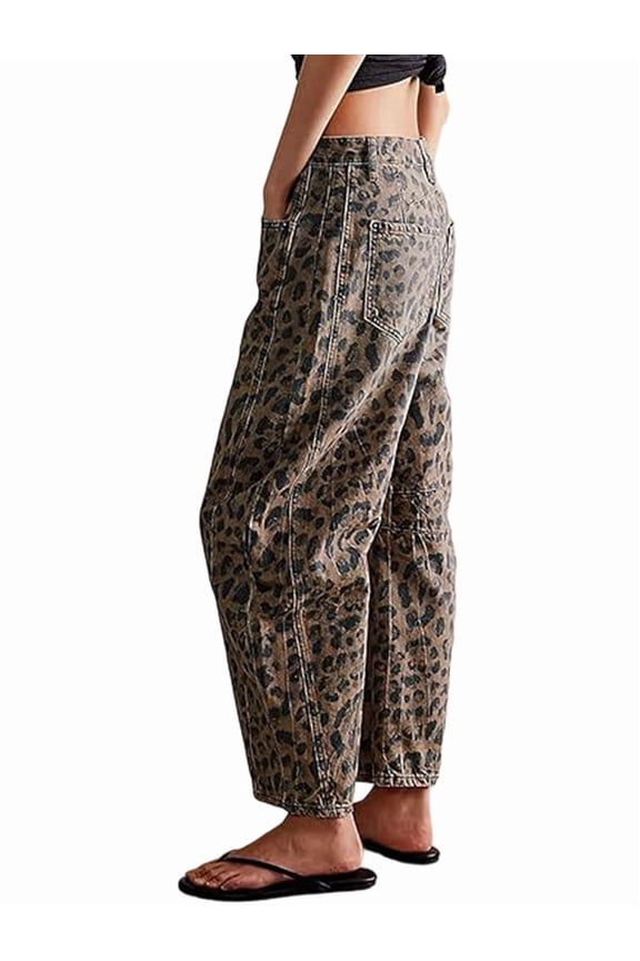 Women'S Mid Rise Jeans Vintage Loose Wide Leg Cropped Denim Pants Y2k Baggy Boyfriend Jeans Brown Leopard XL