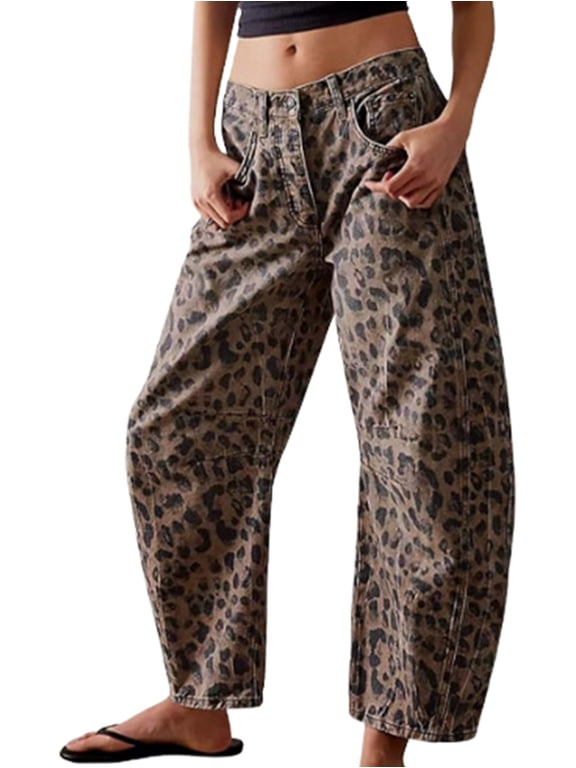 Women'S Mid Rise Printed Wide Leg Boyfriend Curved Denim Jeans Leopard Print S
