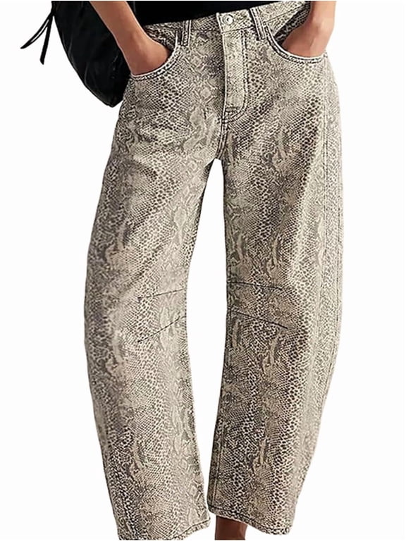 Women'S Mid Rise Printed Wide Leg Boyfriend Curved Denim Jeans Python Pattern L