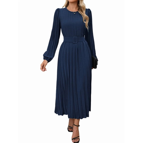 Women'S Midi Dress Long Puff Sleeve Wrap Crew Neck Flowy Ruffle Pleated Casual Fall Dresses Dark Blue L