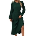 thumbnail image 1 of Women'S Midi Dress Long Puff Sleeve Wrap Crew Neck Flowy Ruffle Pleated Casual Fall Dresses Dark Green S, 1 of 9