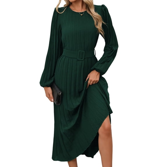 Women'S Midi Dress Long Puff Sleeve Wrap Crew Neck Flowy Ruffle Pleated Casual Fall Dresses Dark Green S