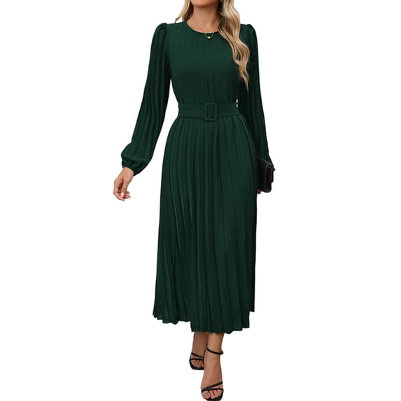 Women'S Midi Dress Long Puff Sleeve Wrap Crew Neck Flowy Ruffle Pleated Casual Fall Dresses Dark Green XL