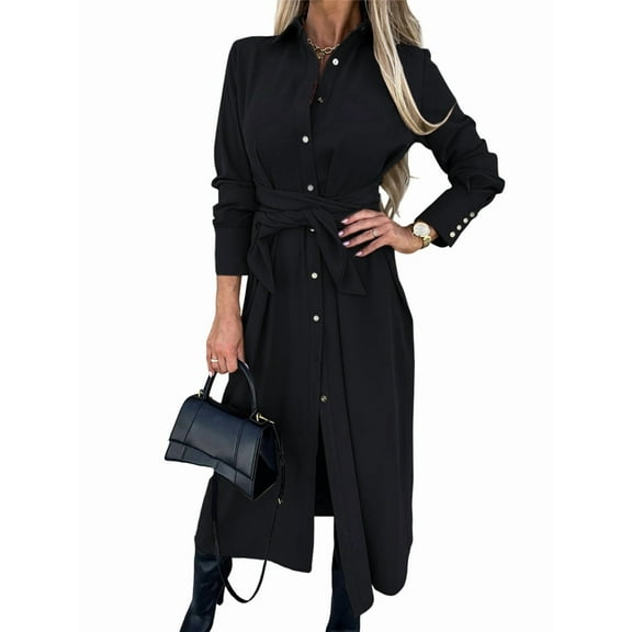 Women'S Midi Dress Long Sleeve Button Down Belted Flowy Shirt Dress Black XXL