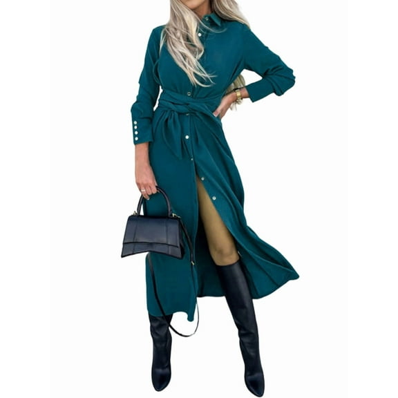 Women'S Midi Dress Long Sleeve Button Down Belted Flowy Shirt Dress Green S
