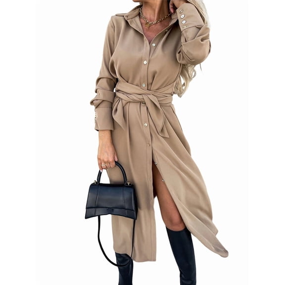 Women'S Midi Dress Long Sleeve Button Down Belted Flowy Shirt Dress Khaki XXL