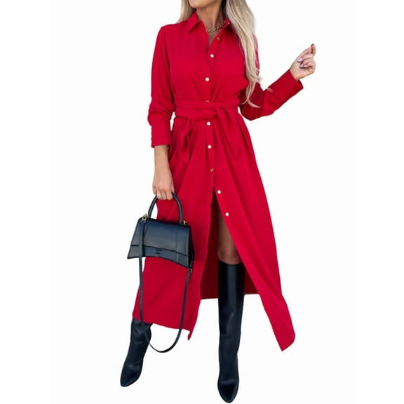 Women'S Midi Dress Long Sleeve Button Down Belted Flowy Shirt Dress Red L
